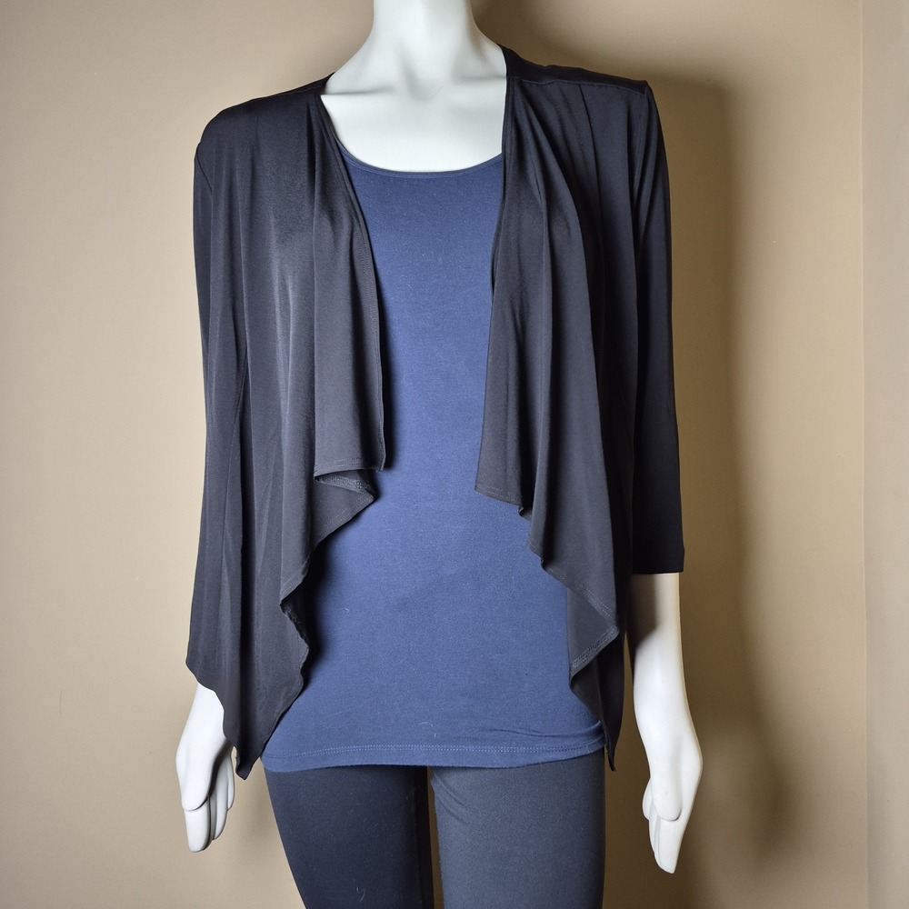 Connected Apparel Vintage Black Open Front Waterfall Drape Cardigan Large
